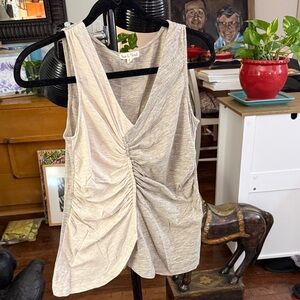 Hem & Thread Two-Tone Ruched V-Neck Tank Top - Beige & Light Gray